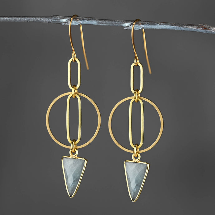 Brass Oval Inside Circle w/ Gemstone Triangle Drop Earrings