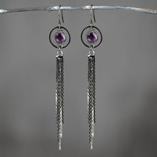 Load image into Gallery viewer, Caged Semi Precious Circle Shimmer Tassel Earrings (Gunmetal: Amethyst
