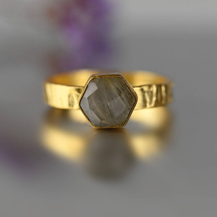 Golden Rutile Hexagon Ring on a Hand Hammered Band
