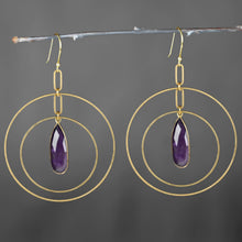 Load image into Gallery viewer, Double Hoop w/ Large Semi Precious Drop Earrings: Amethyst
