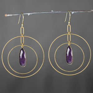 Double Hoop w/ Large Semi Precious Drop Earrings: Amethyst