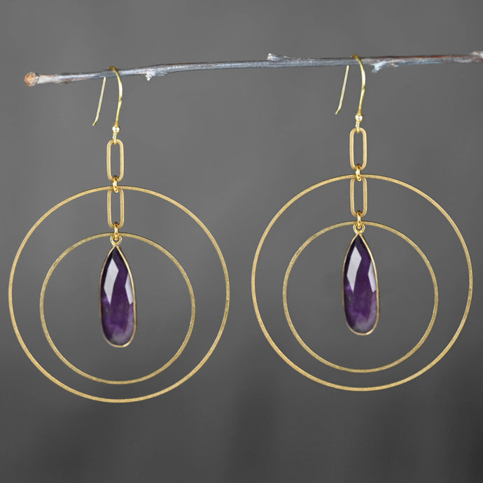 Double Hoop w/ Large Semi Precious Drop Earrings: Amethyst