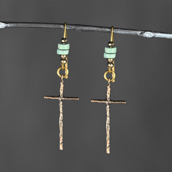 Bronze Cross w/ Short Wire & Turquoise Jasper Earrings