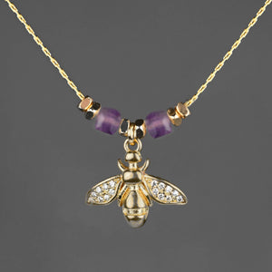 Vintage Pave Bee w/ Semi Precious Stones Necklace: Amethyst / 16 + Extender