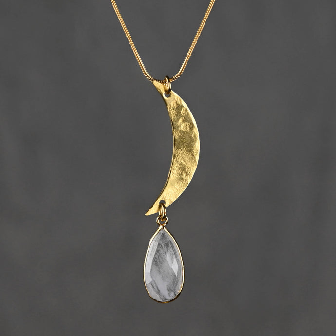 Hammered Brass Crescent Moon & White Rutile Tear Drop Neckl