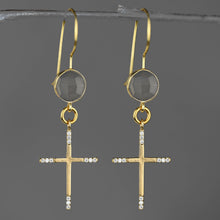 Load image into Gallery viewer, Light Color Smoky Quartz Earwire w/ Delicate Cross and Stone

