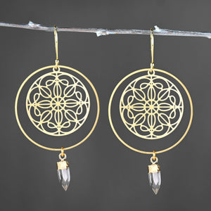Romantic Filigree Hoops w/ Crystal Quartz Points Earrings