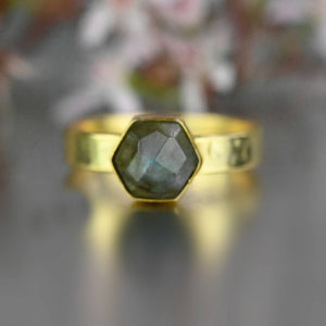 Labradorite Hexagon Ring on a Hand Hammered Band
