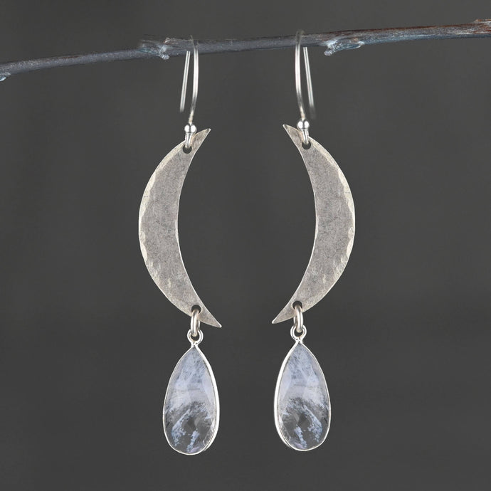 Silvertone Hammered Moon w/ White Rutile Earrings