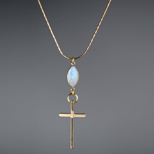 Brass Cross on w/ Semi Precious on an Adjustable Chain: Moonstone