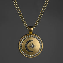 Load image into Gallery viewer, Vintage Brass Moon &amp; Star w/ Rhinestones Necklace: 24&quot;
