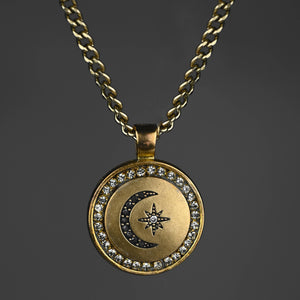 Vintage Brass Moon & Star w/ Rhinestones Necklace: 24"