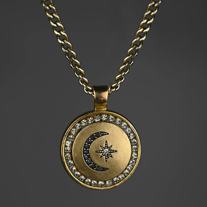Vintage Brass Moon & Star w/ Rhinestones Necklace: 24