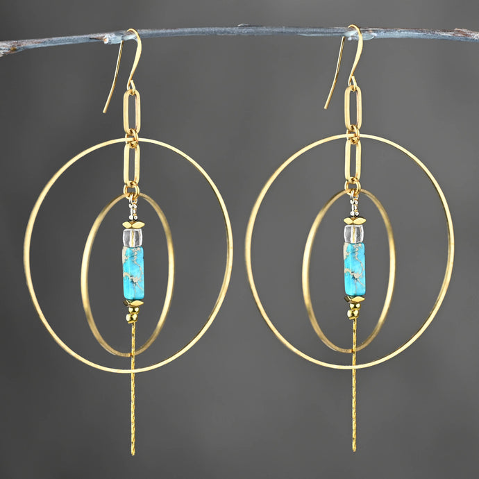 Double Hoop w/ Semi Precious Chain Drop Earrings