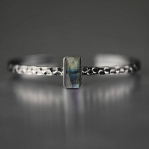 Thin Hand Hammered Cuff w/ Semi Precious Gemstone (Gunmetal)