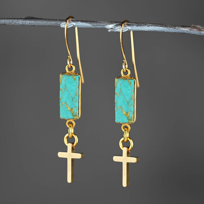 Cross w/ Rectangle Semi Precious Earrings: Turquoise Jasper
