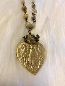 Crown Antique Gold Lady of Lujan Heart  - Sand Cream Jasper Necklace