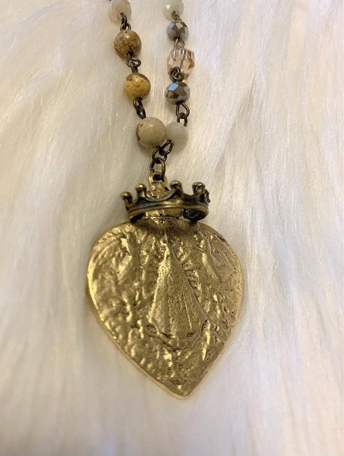 Crown Antique Gold Lady of Lujan Heart  - Sand Cream Jasper Necklace