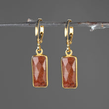 Load image into Gallery viewer, Golden Huggie with Rectangle Semi Precious Earrings: Strawberry Quartz
