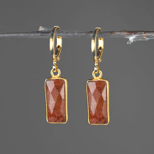 Golden Huggie with Rectangle Semi Precious Earrings: Strawberry Quartz