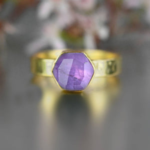 Amethyst Hexagon Ring on a Hand Hammered Band