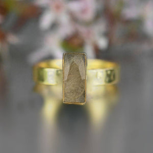 Rectangle Golden Rutile  Ring on a Hand Hammered Band
