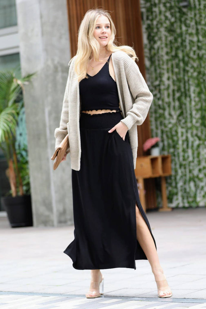 SC142985 SMOCKED WAIST SIDE SLIT MAXI SKIRT WITH POCKETS