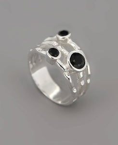 Black Onyx Triple Gemstone Ring, Sterling Silver: Size 6