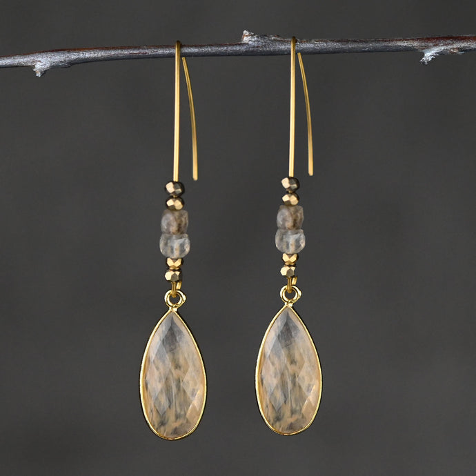 Long Wire Golden Rutile Tear w/ Labradorite Earrings