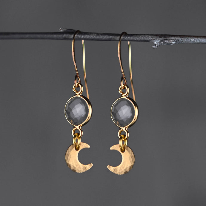 Tiny Brass Hammered Moons  w/ Round Semi Precious Earring