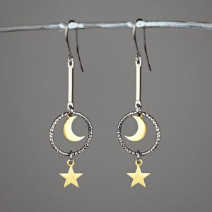 Moon & Star Mixed Metal Bar Faceted Circle Earrings