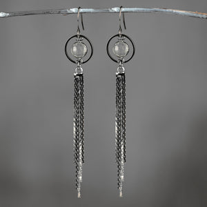 Caged Semi Precious Circle Shimmer Tassel Earrings (Gunmetal: Crystal