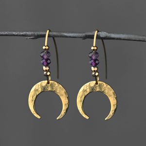 Brass Hammered Crescent Moon w/ Semi Precious Earrings