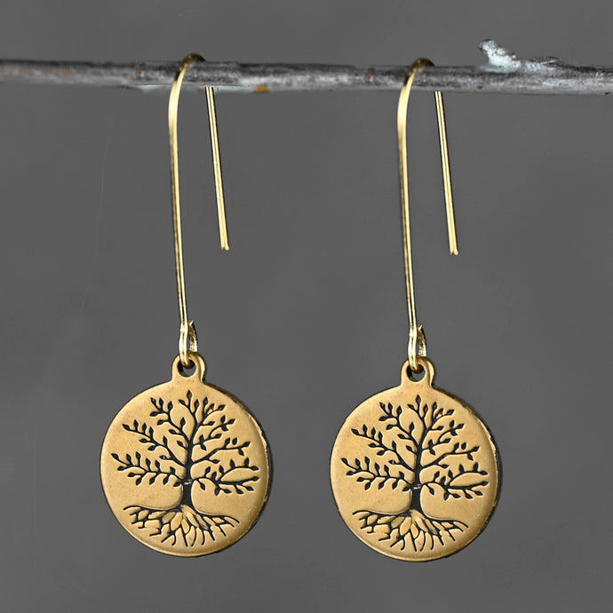 Simple Brass Tree of Life Earrings