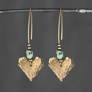 Hammered Brass Heart w/ Long Wire & Turquoise Jasper Earring