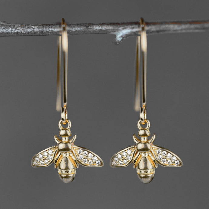 Small Brass Vintage Bees w/ Tiny Crystals Earrings