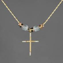 Load image into Gallery viewer, Delicate Cross w/ Tiny Stones and Semi Precious Necklace: Aquamarine / 16 + Extender
