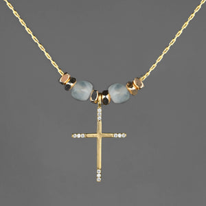 Delicate Cross w/ Tiny Stones and Semi Precious Necklace: Aquamarine / 16 + Extender