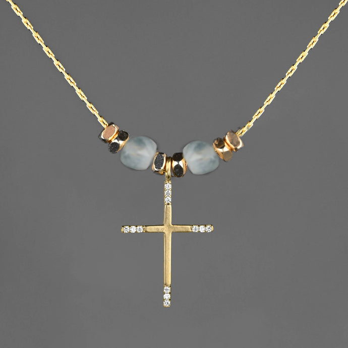 Delicate Cross w/ Tiny Stones and Semi Precious Necklace: Aquamarine / 16 + Extender