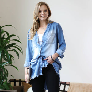 SC134805 CHAMBRAY FRAYED HEM LONGLINE SHIRTS