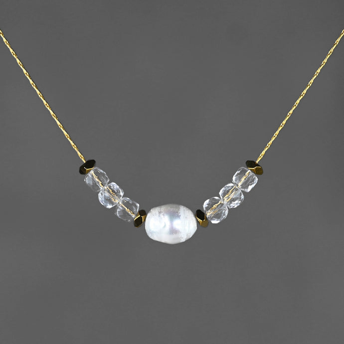 Freshwater Pearl and Crystal Cube Bead Collar Necklace